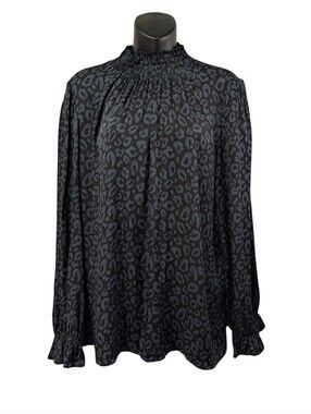Tucker Women's Size XL Black Gray Leopard Print Silk Blouse Keyhole Neck